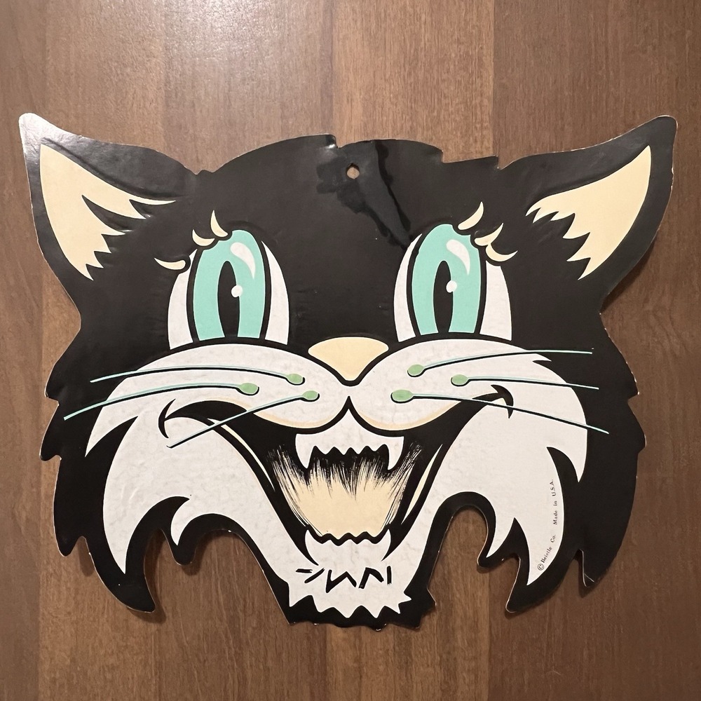 Vintage Halloween Beistle Large Embossed Black Cat Whiskers Die Cut 11" X 9"